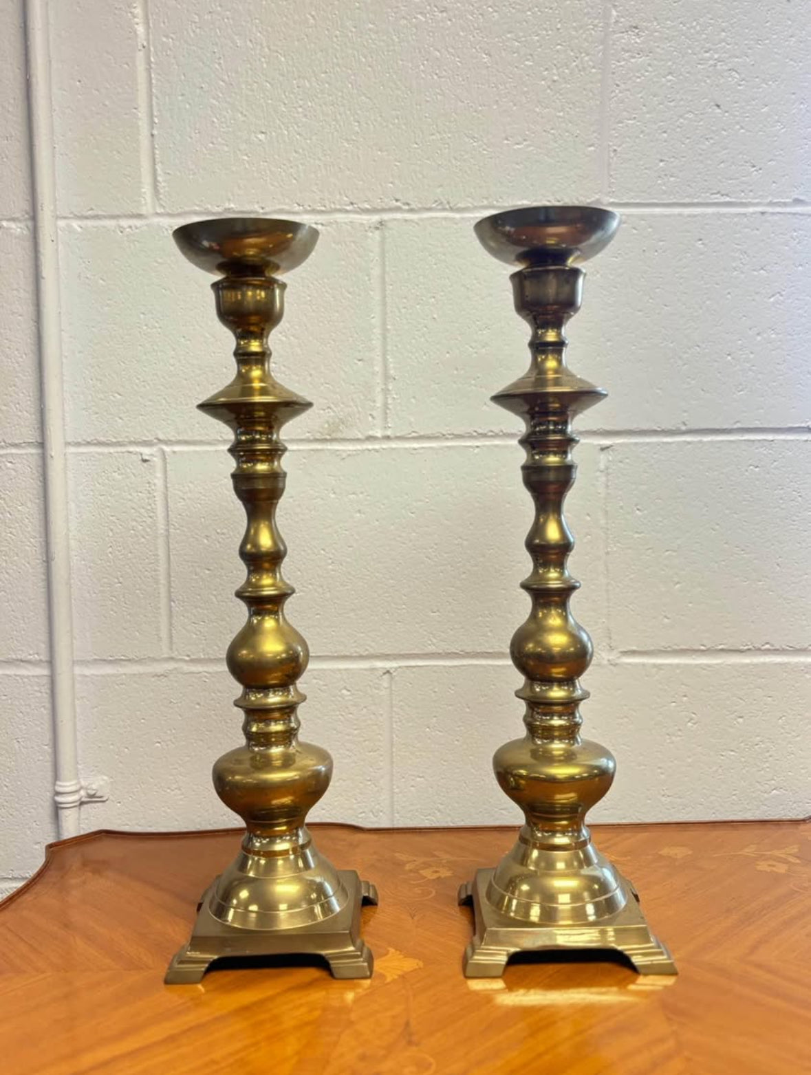 Pair of Antique Brass Victorian English Candle Stand Holders