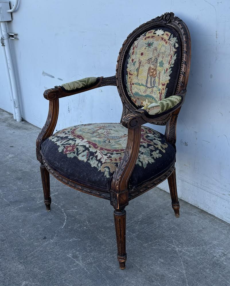 ANTIQUE LATE 19TH CENTURY LOUIS XVI STYLE W/ NEEDLEPOINT UPHOLSTERY armchair