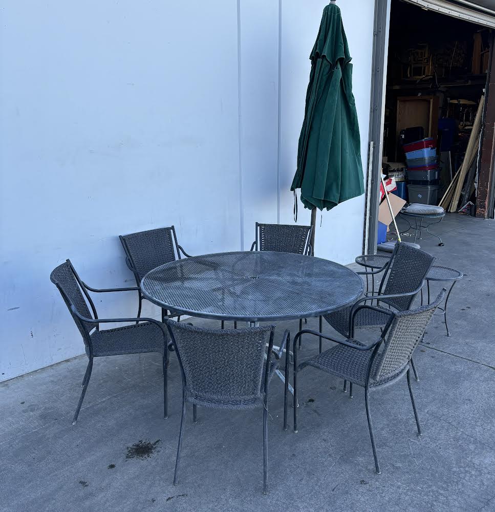 Black Metal Outdoor Round Table With 6 Chairs 2 Small Tables and 1 umbrella