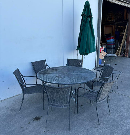 Black Metal Outdoor Round Table With 6 Chairs 2 Small Tables and 1 umbrella