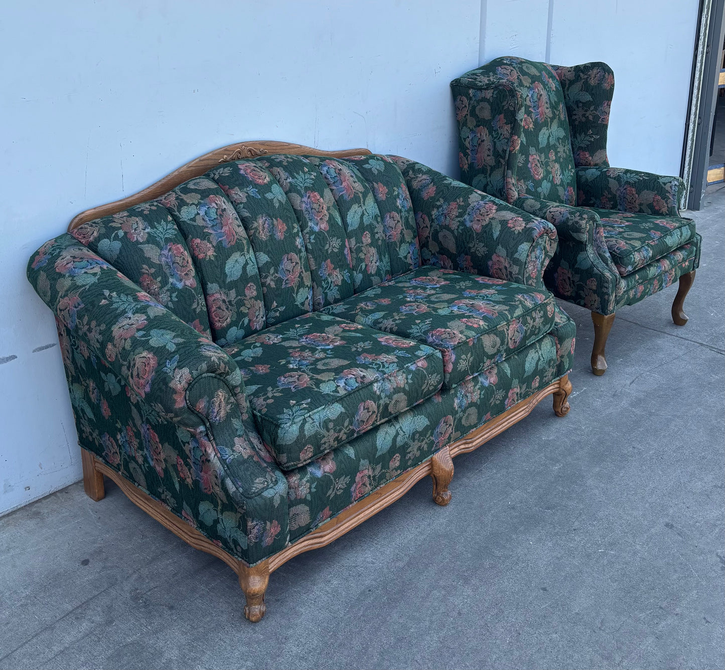 Vintage Green Floral Upholstered Sofa and Armchair