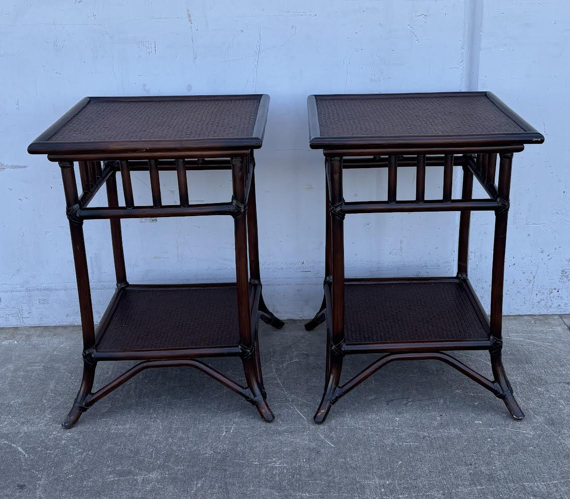 Matching Vintage Coastal Dark Brown Rattan & Cane Two-Tier End Tables