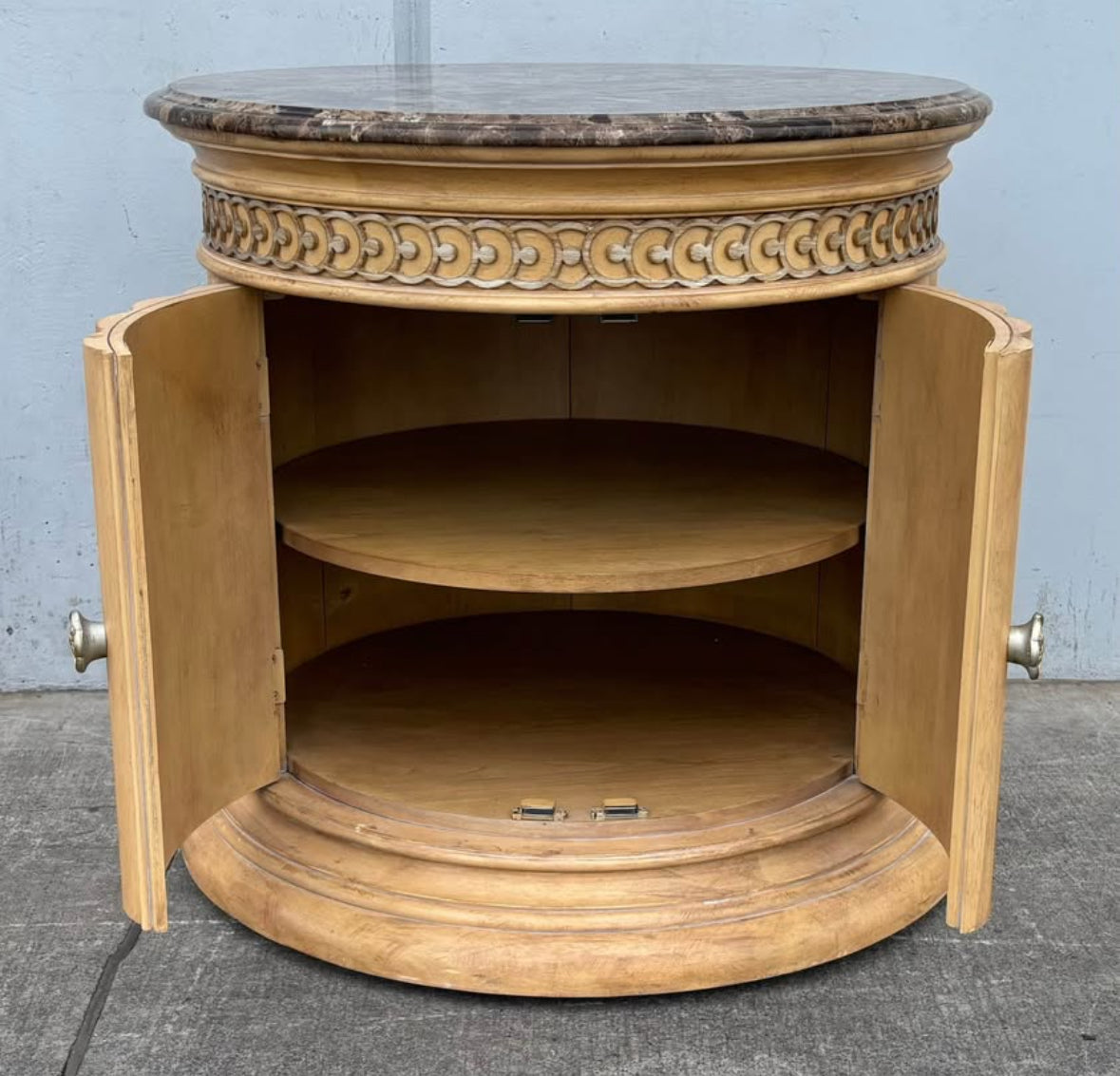Cream Antiqued White Italian Neoclassical Tuscan Style Round Accent Storage End Table GraniteTop