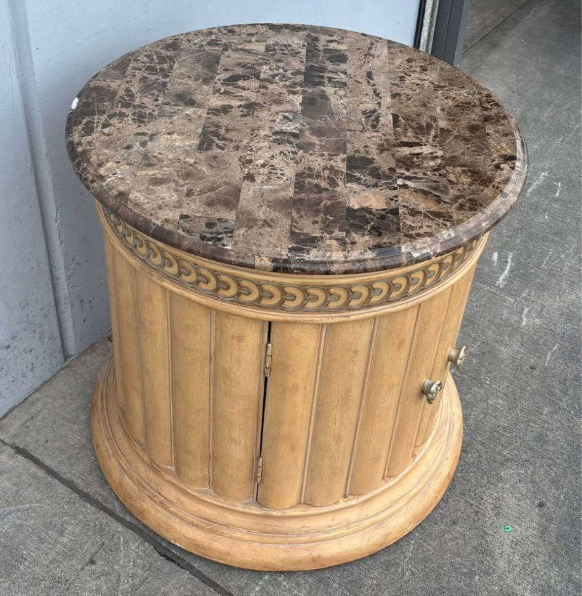 Cream Antiqued White Italian Neoclassical Tuscan Style Round Accent Storage End Table GraniteTop