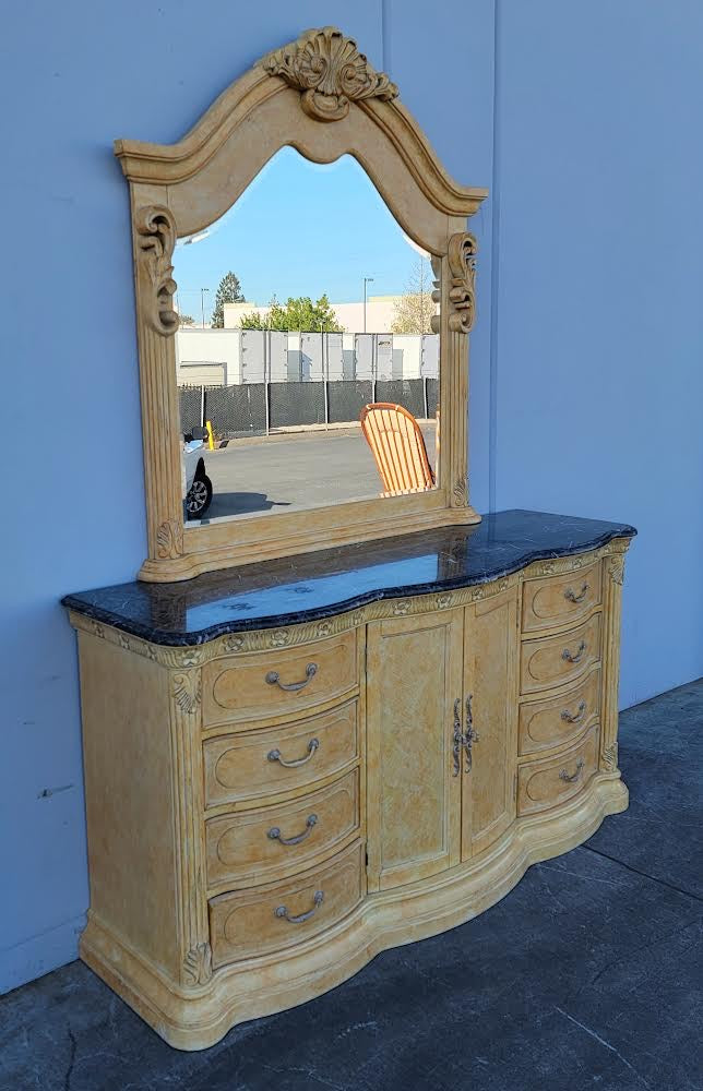Antique/vintage dresser with mirror black marble top light wood
