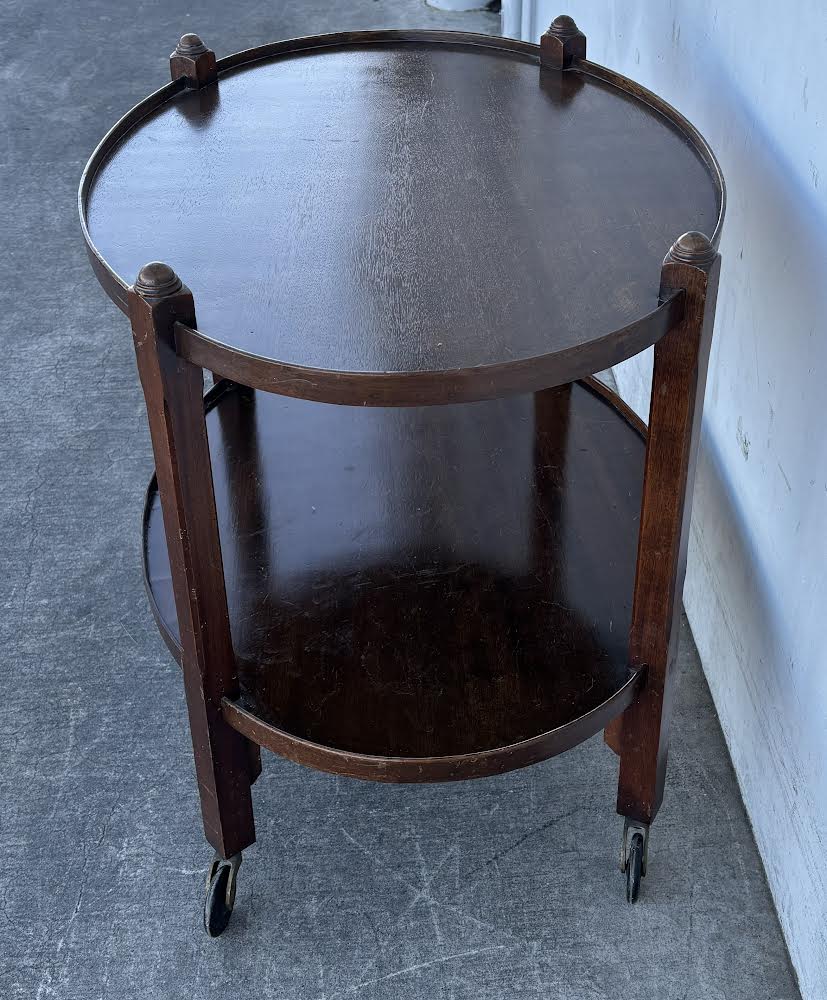 Antique Dark Wood Round 2-tier Bar Cart Teak Serving Trolley