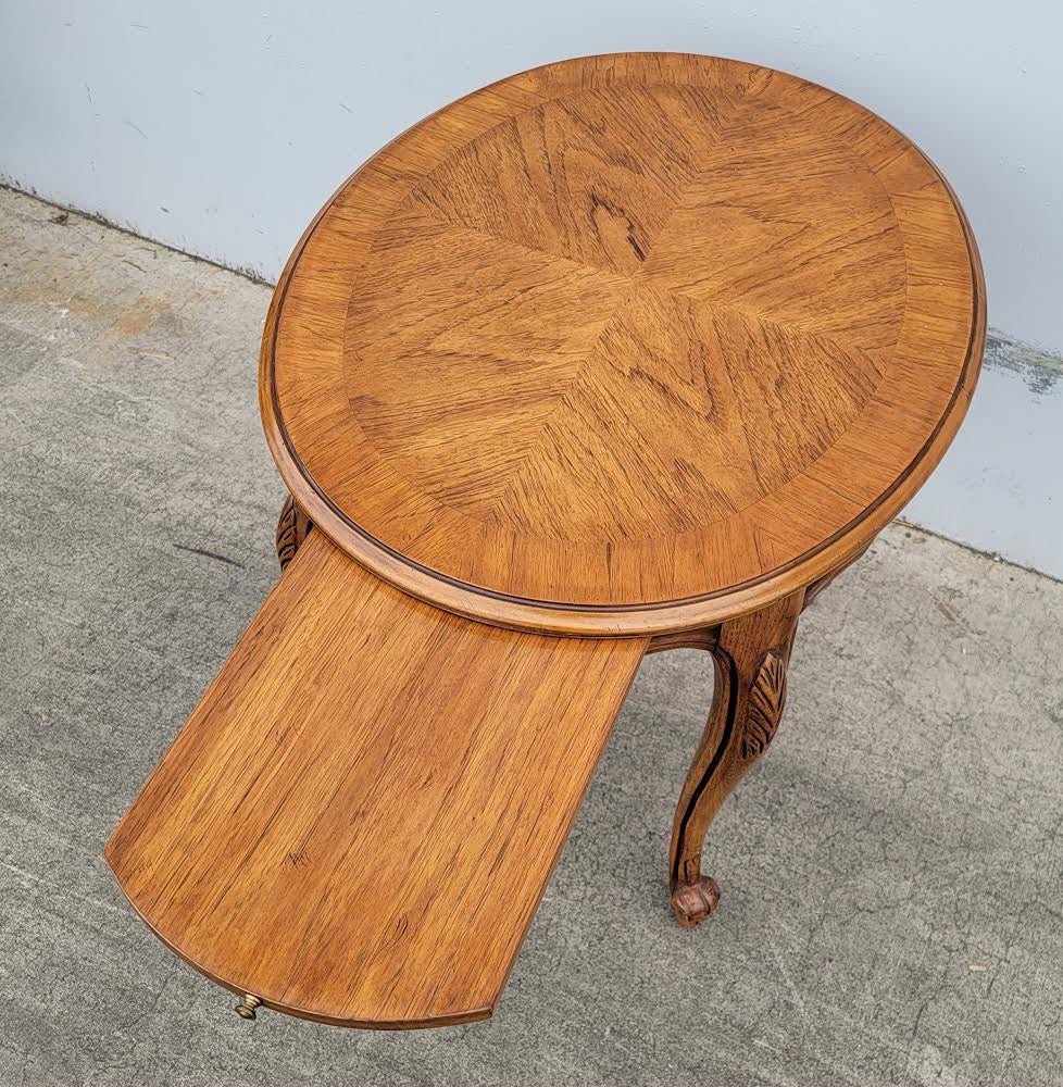 Drexel heritage round light wood accent end/side table with pull out shelf