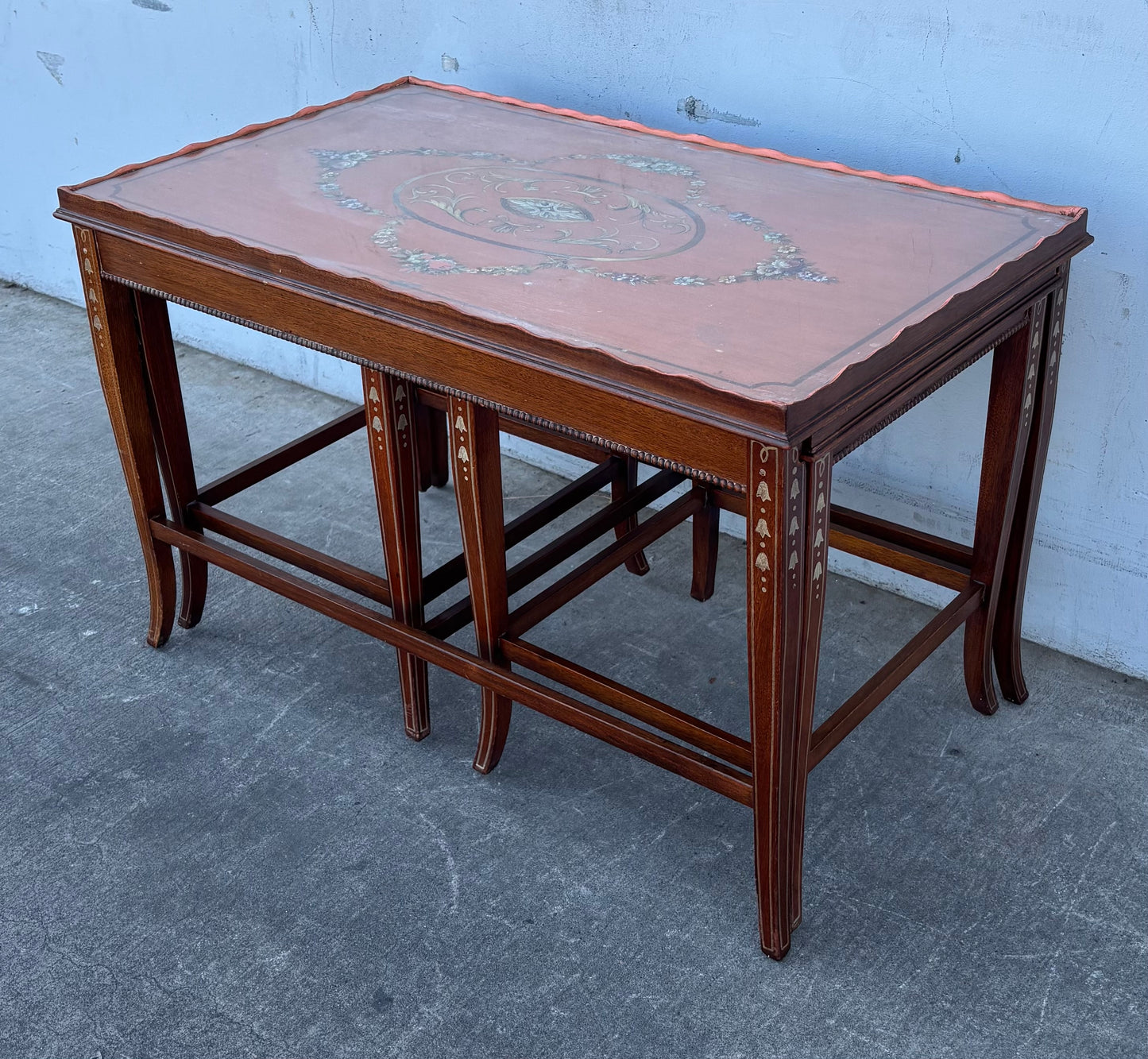 Mid-Century English Regency Adam Style Mahogany Hand Painted Nesting Coffee/end Tables 3
