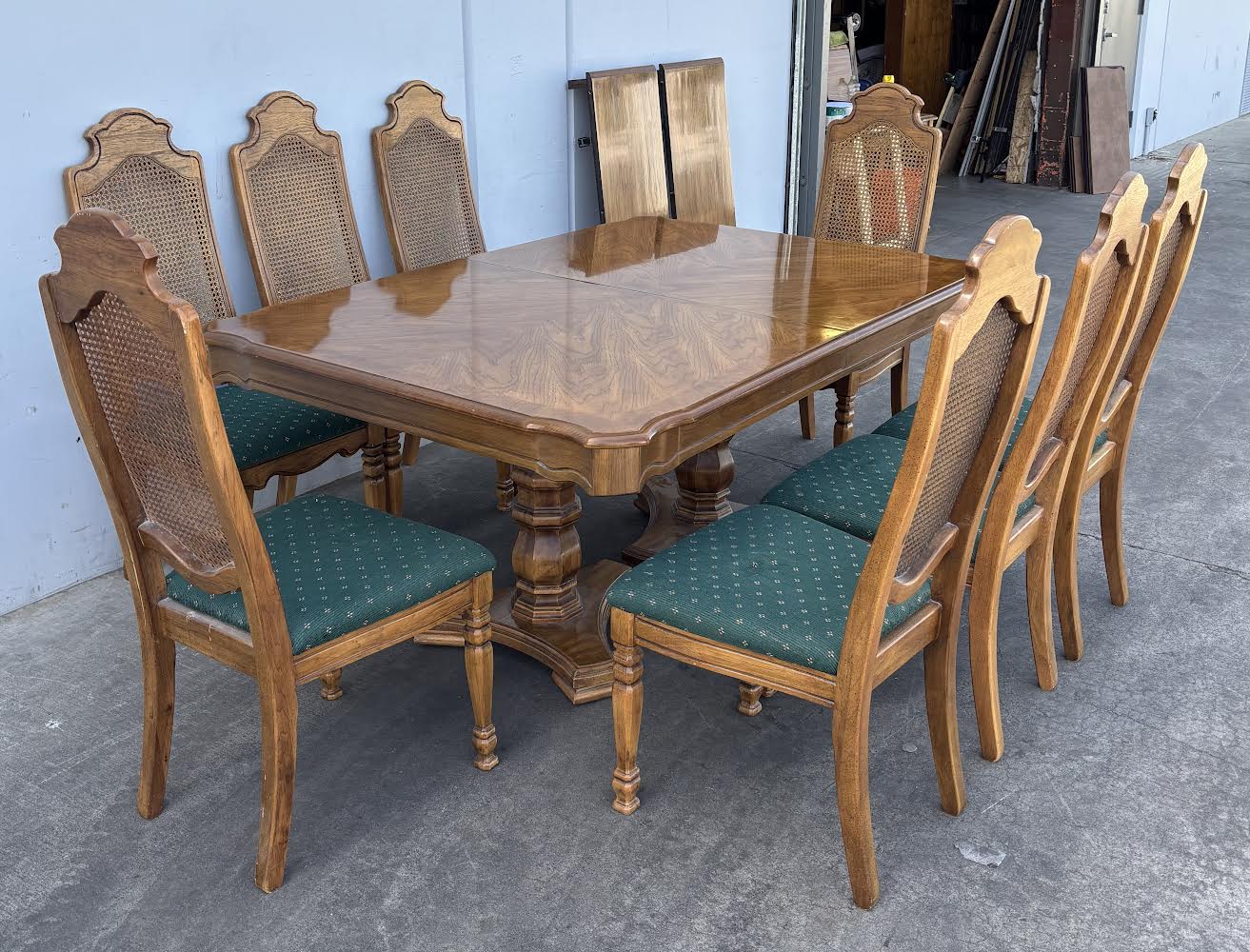 Vintage Dining Table Solid Wood With 8 Dining Chairs Cane