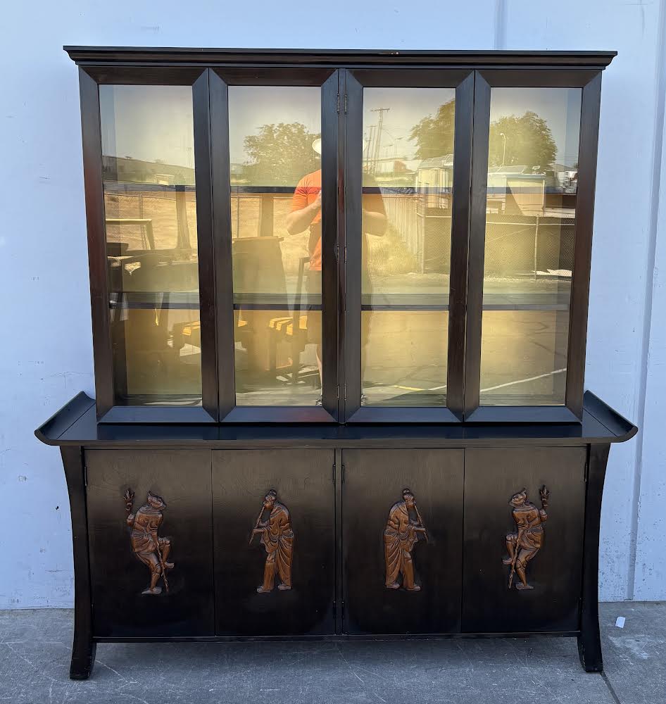 Chinoiserie Breakfront China Cabinet Mahogany Black Yellow Woodcarved