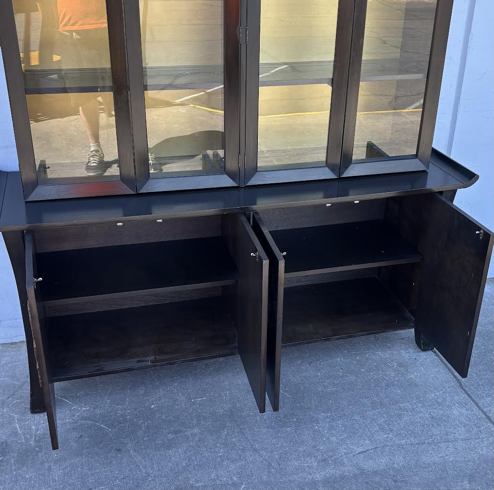 Chinoiserie Breakfront China Cabinet Mahogany Black Yellow Woodcarved