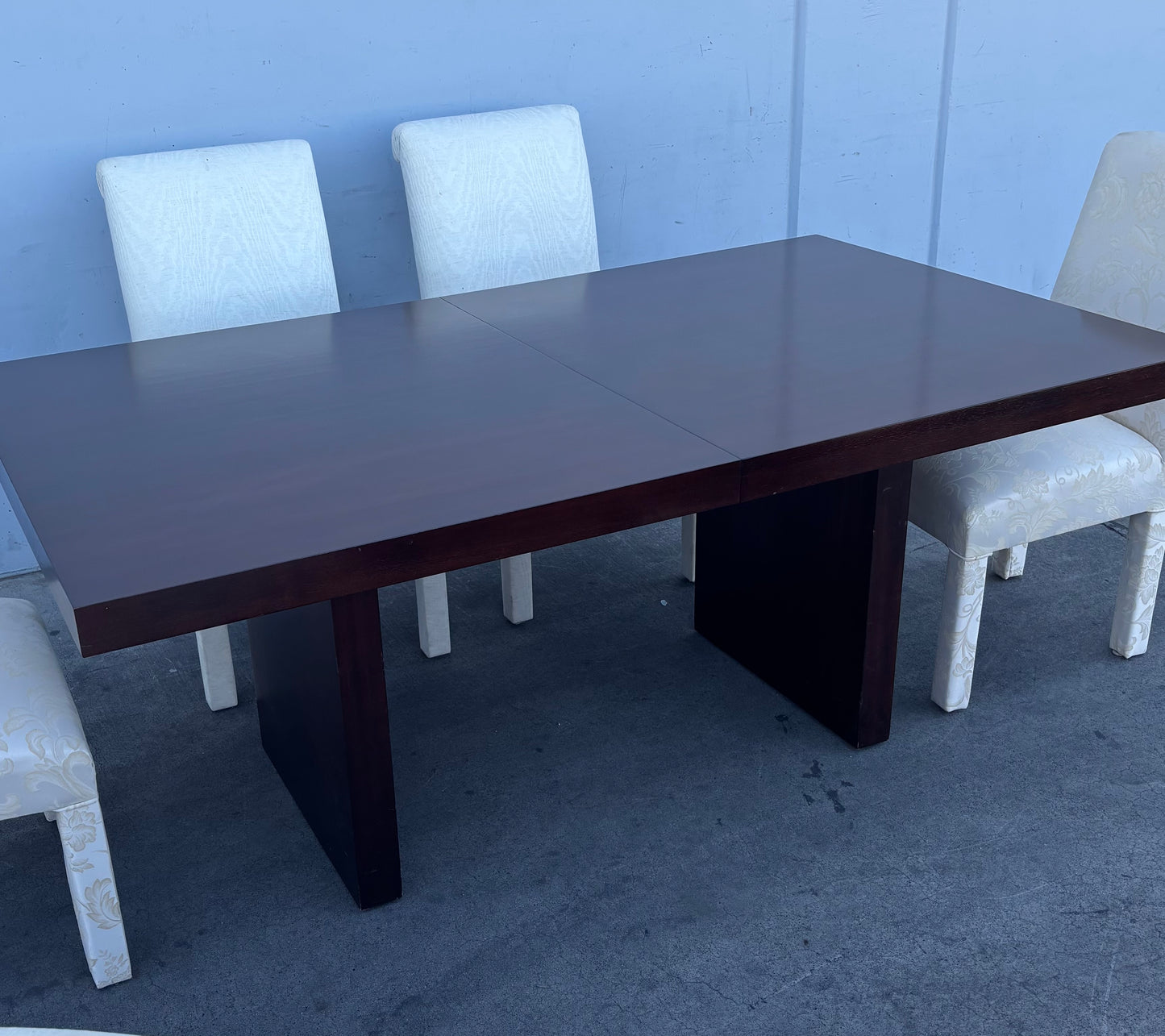Dining set dark wood table with 6 white floral chairs and leaf