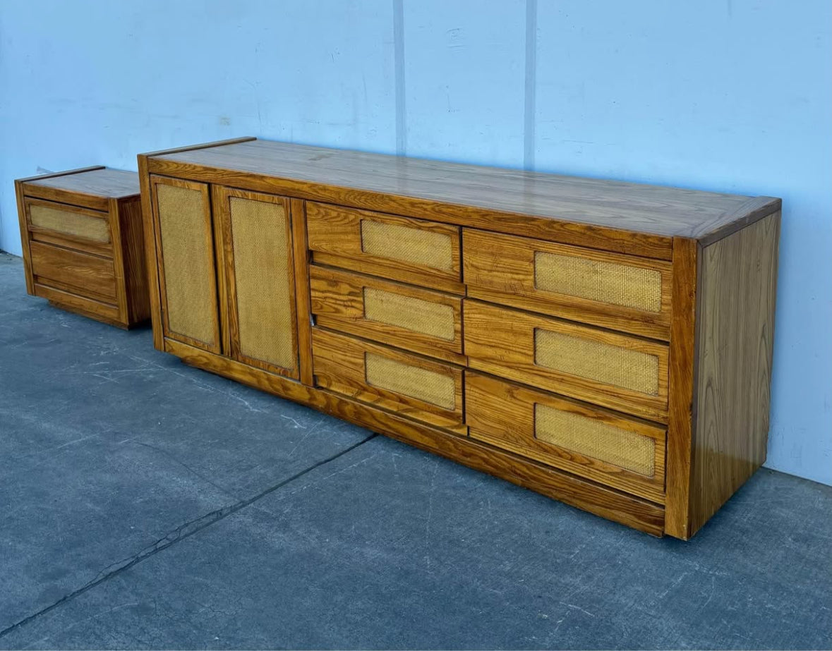 Vintage Cane & Oak Dresser with side Table