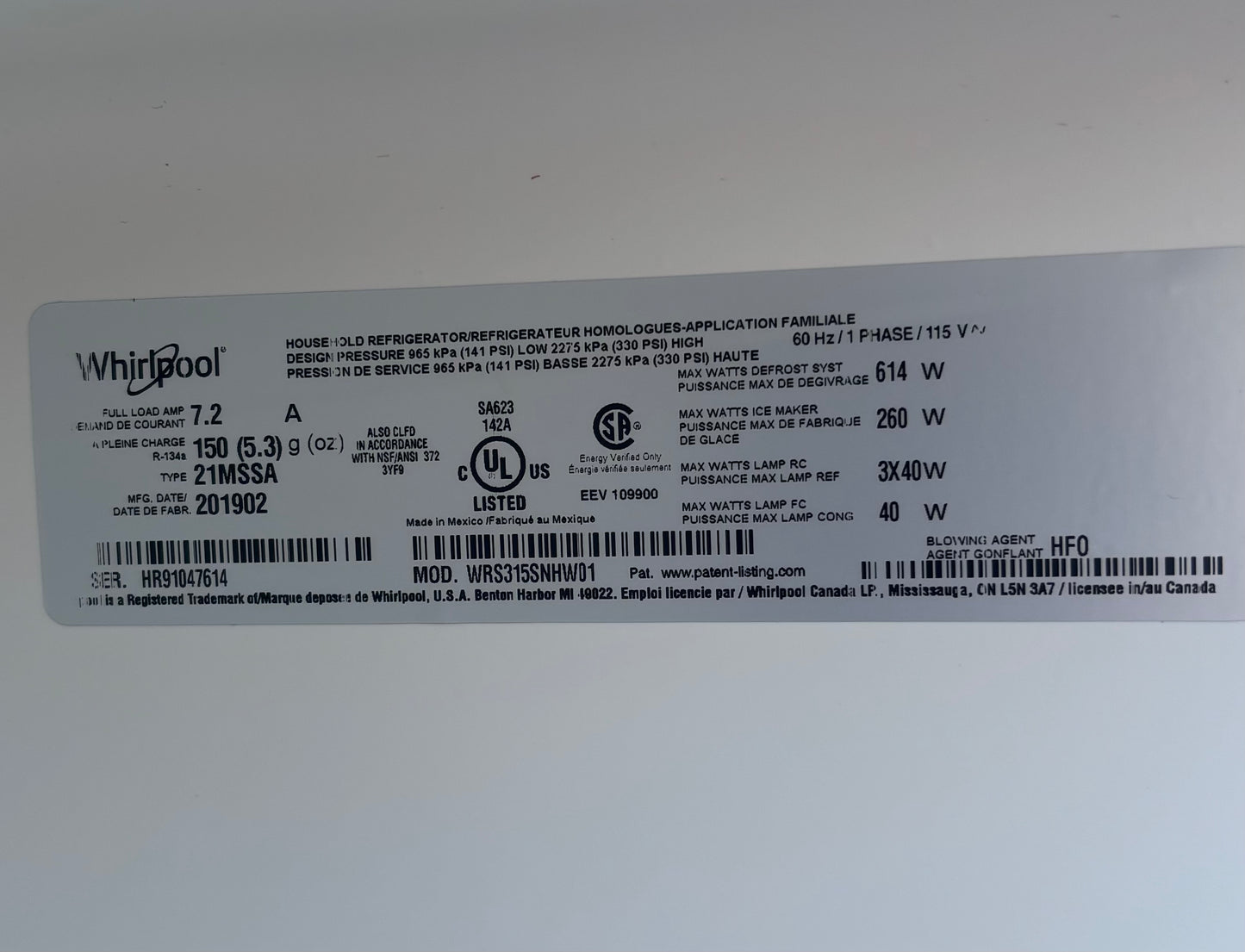 Whirlpool white side by side refrigerator