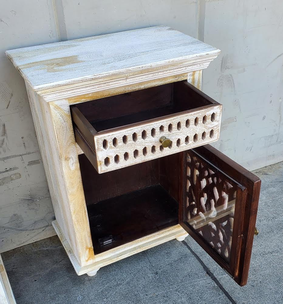 White/off white distressed nightstand/bedside table/cabinet carved wood