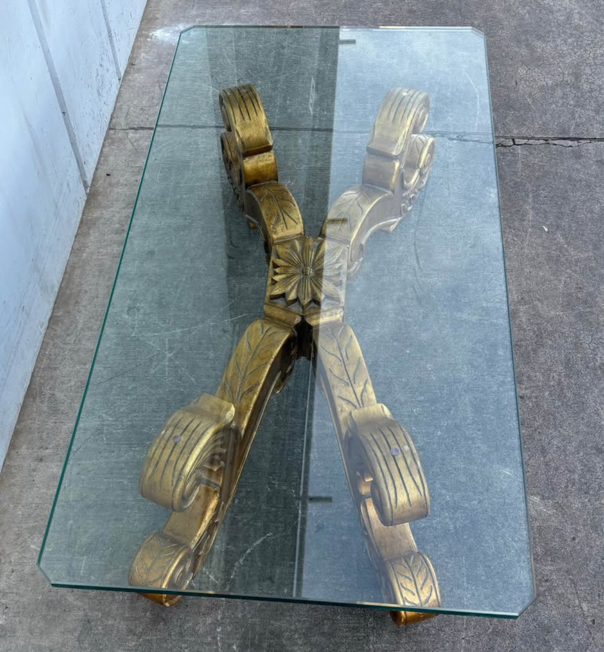 Vintage Rectangular Glass Top Coffee Table with Carved Wood Base Baroque Style