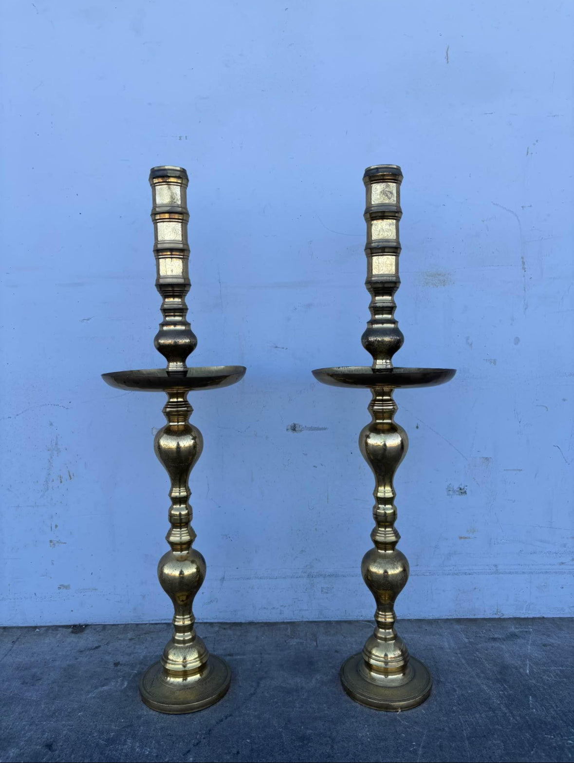 Vintage Huge Moroccan Turkish Alter Brass Floor Candle Holder Stand 39 1/2”