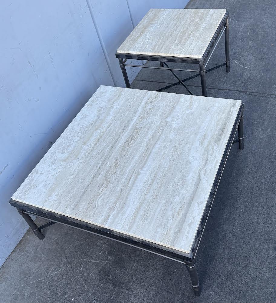 Matching Stone Top Wrought Iron Leg Side Tables Coffee Table