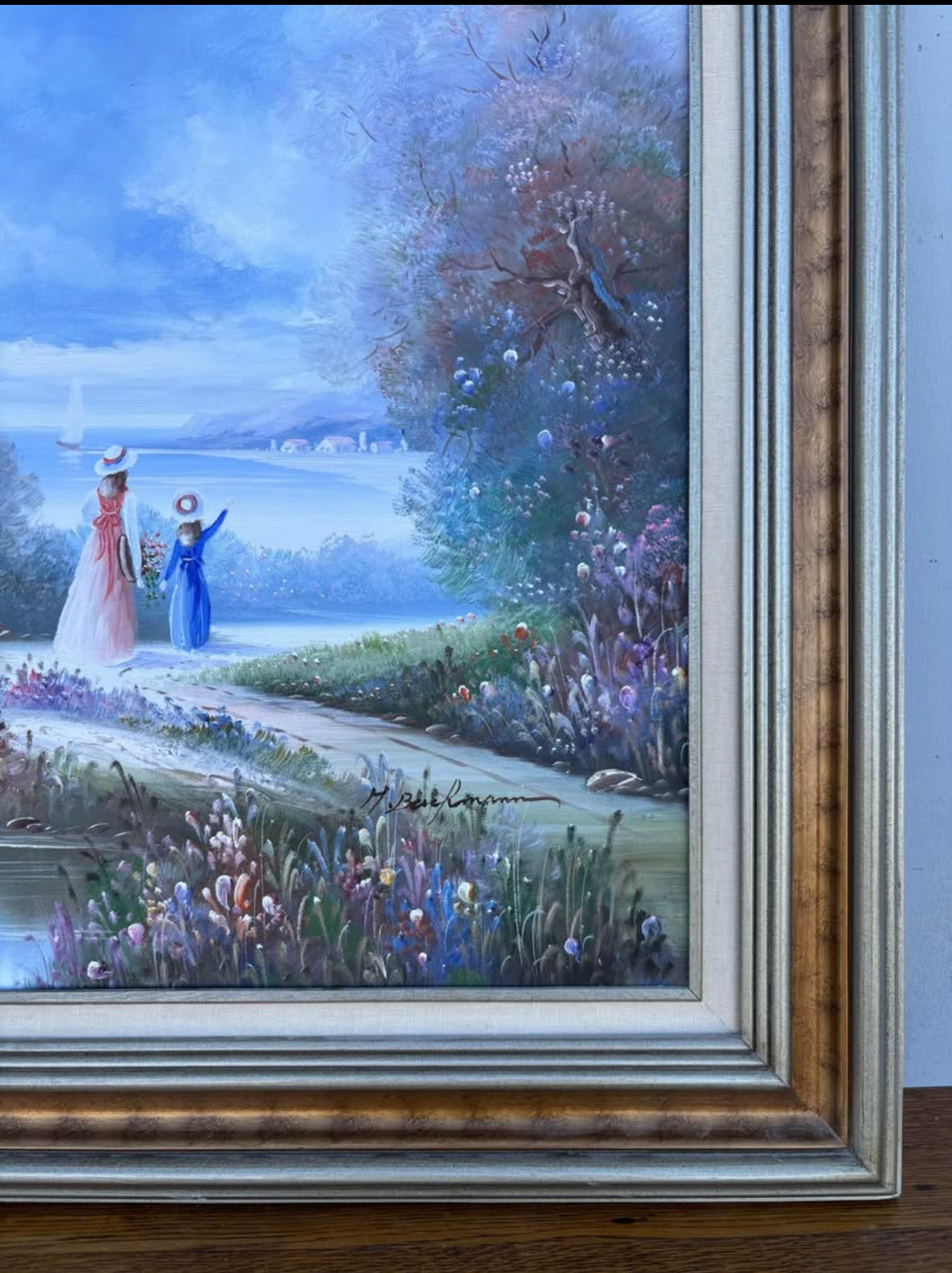 Vintage Signed Oil Painting Victorian Beach Scene