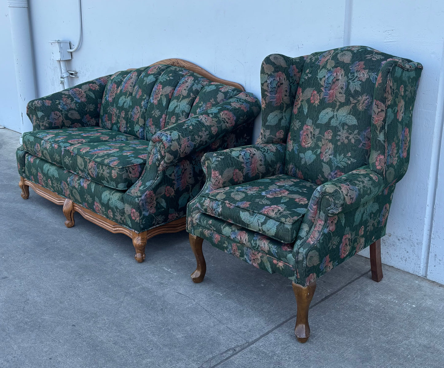 Vintage Green Floral Upholstered Sofa and Armchair