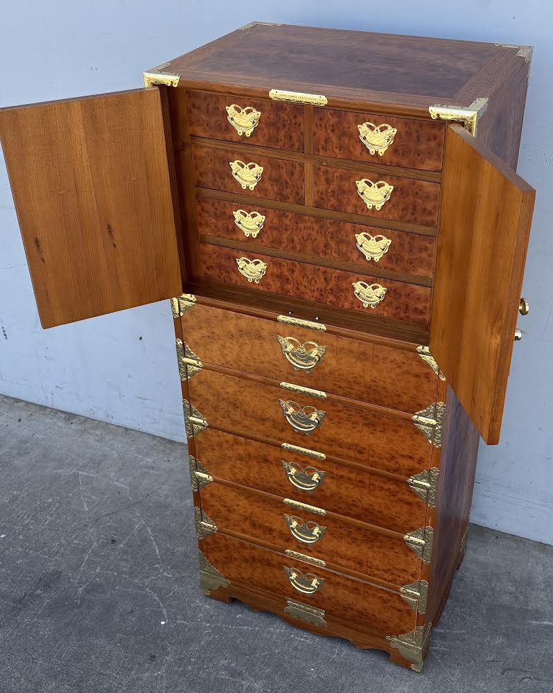 Large Vintage Korean Burl Wood Chinoiserie Tall Narrow Cabinet