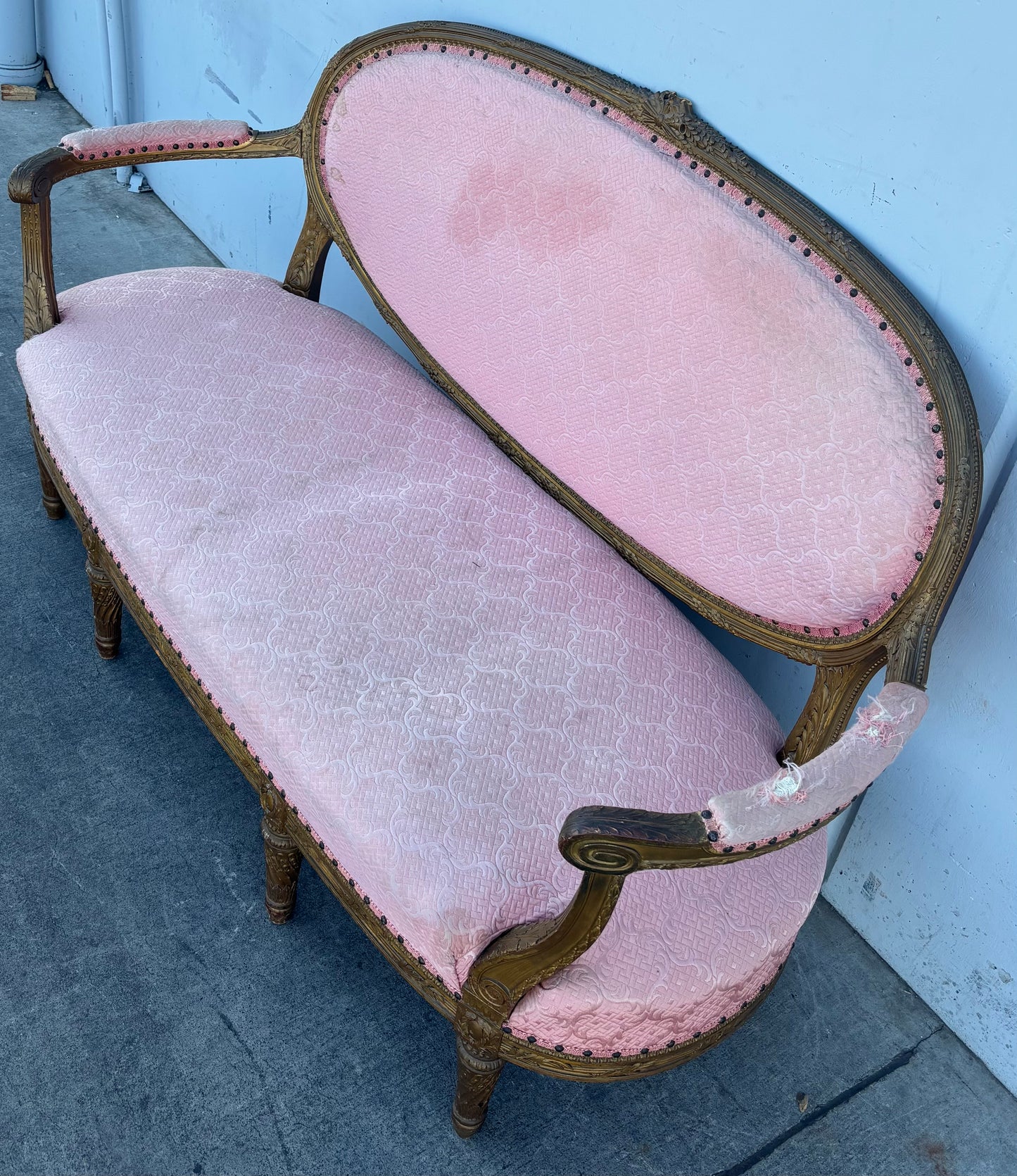 French Louis XVI style pink sofa carved