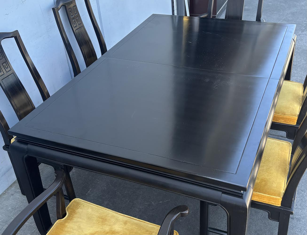 Vintage Asian Modern Black Mid Century Style Lacquer Dining Table with 6 Chairs Yellow Cushions