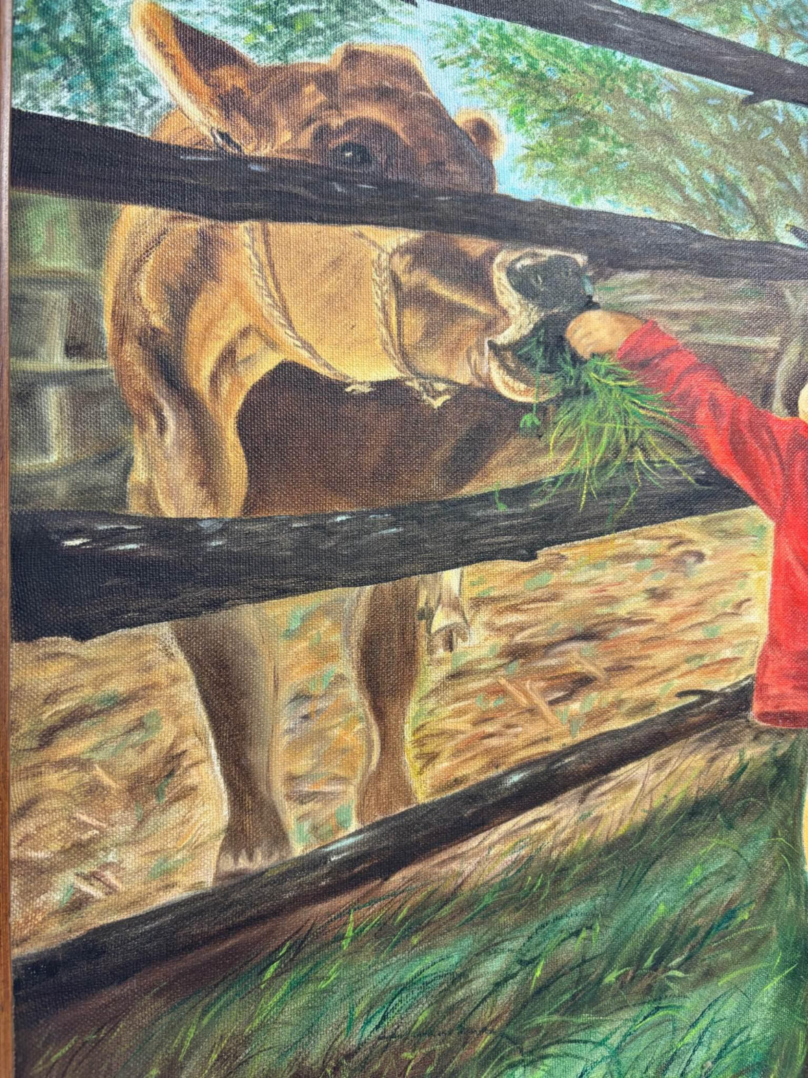 “Little Kid Feeding Cow” oil Framed Painting