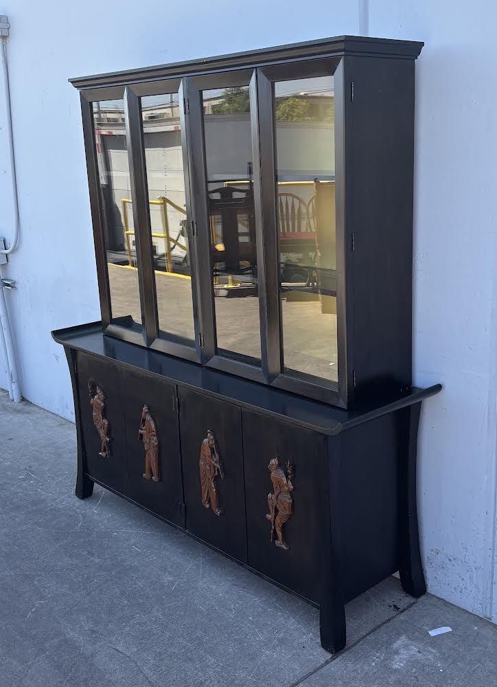 Chinoiserie Breakfront China Cabinet Mahogany Black Yellow Woodcarved