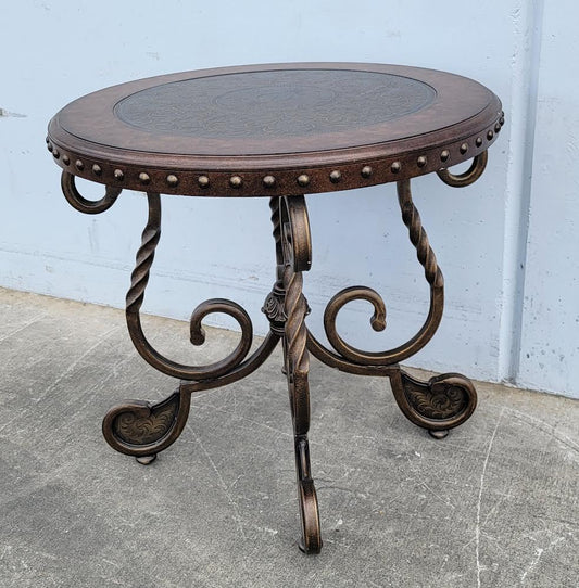 Round dark wood end/ side table Ashley rafferty style