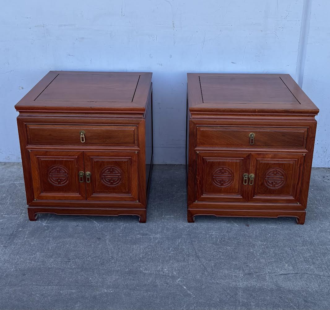 Mid 20th Century Pair Asian Rosewood Chinoiserie Nightstands