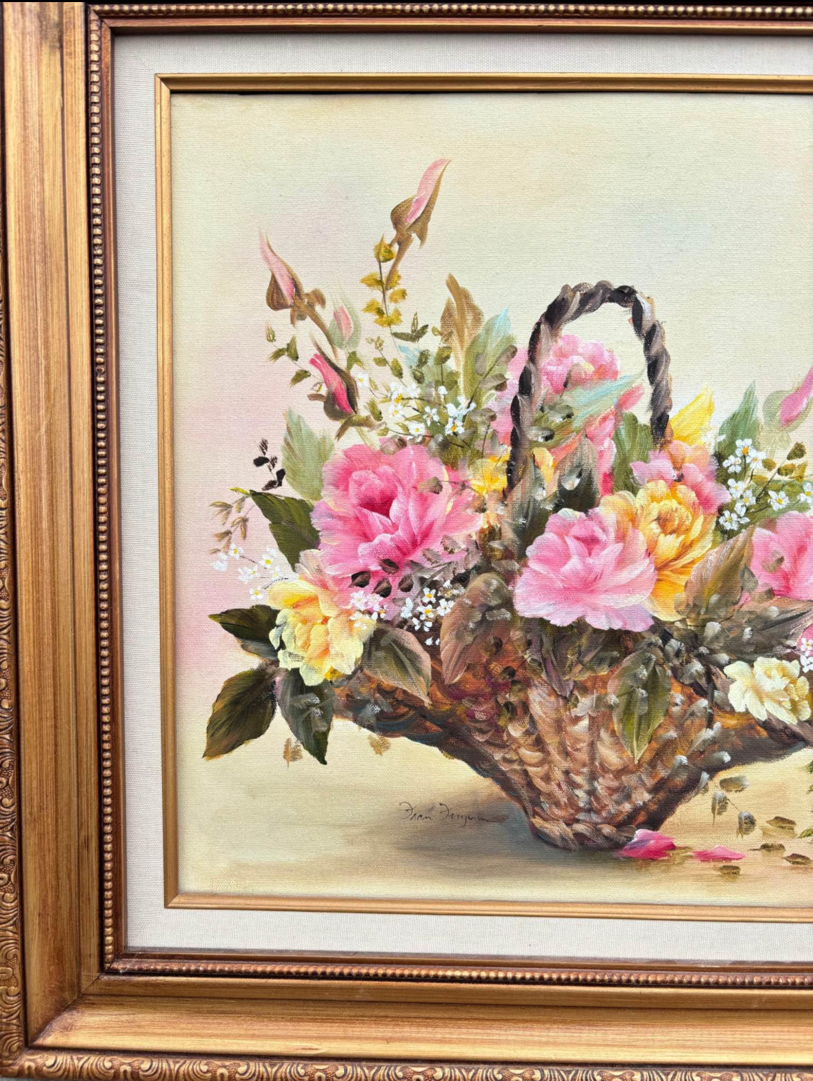 Vintage Oil Painting Basket of Flowers Signed