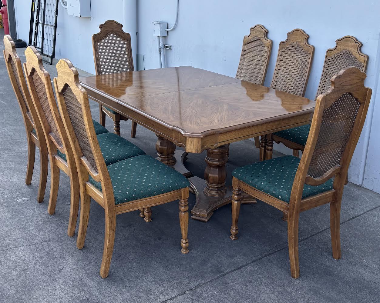 Vintage Dining Table Solid Wood With 8 Dining Chairs Cane