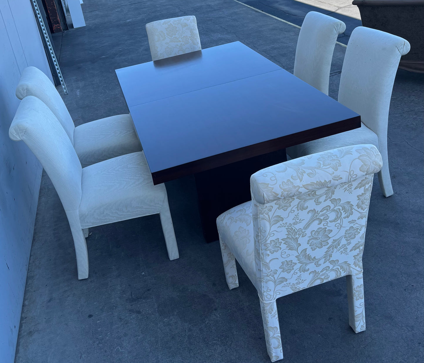 Dining set dark wood table with 6 white floral chairs and leaf