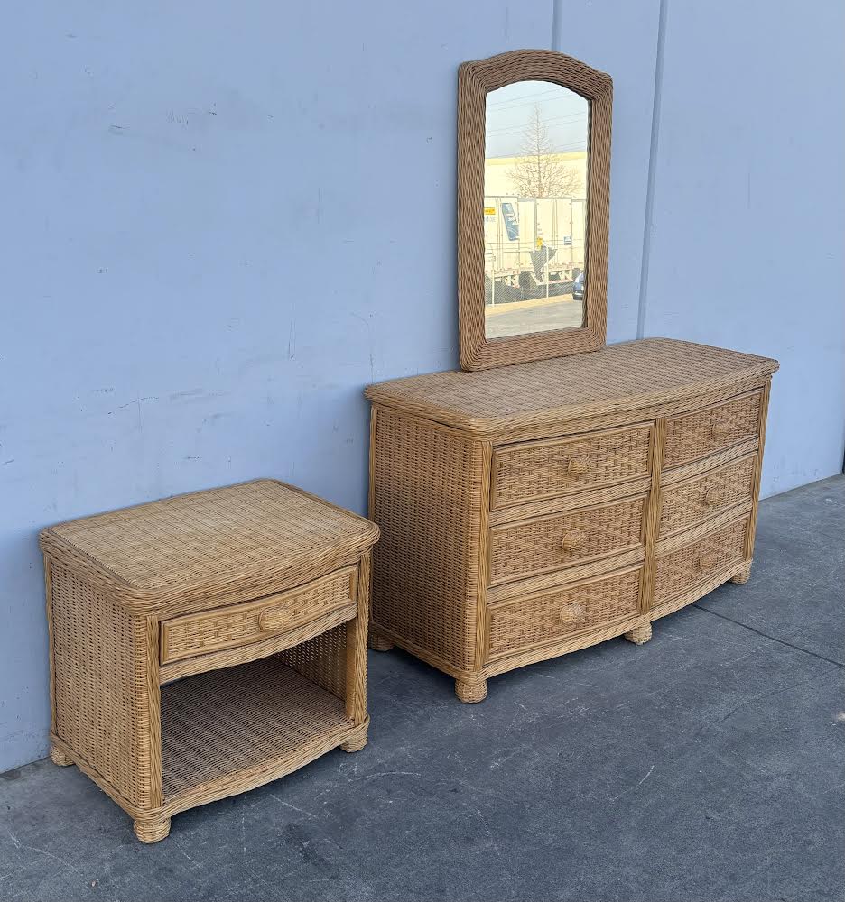 Pier 1 Wicker Dresser with Mirror and Side Table/Nightstand