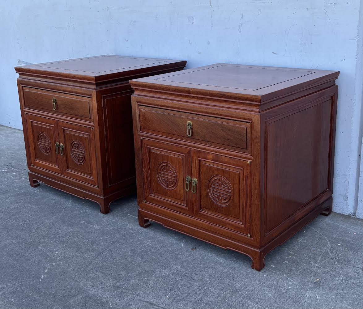 Mid 20th Century Pair Asian Rosewood Chinoiserie Nightstands