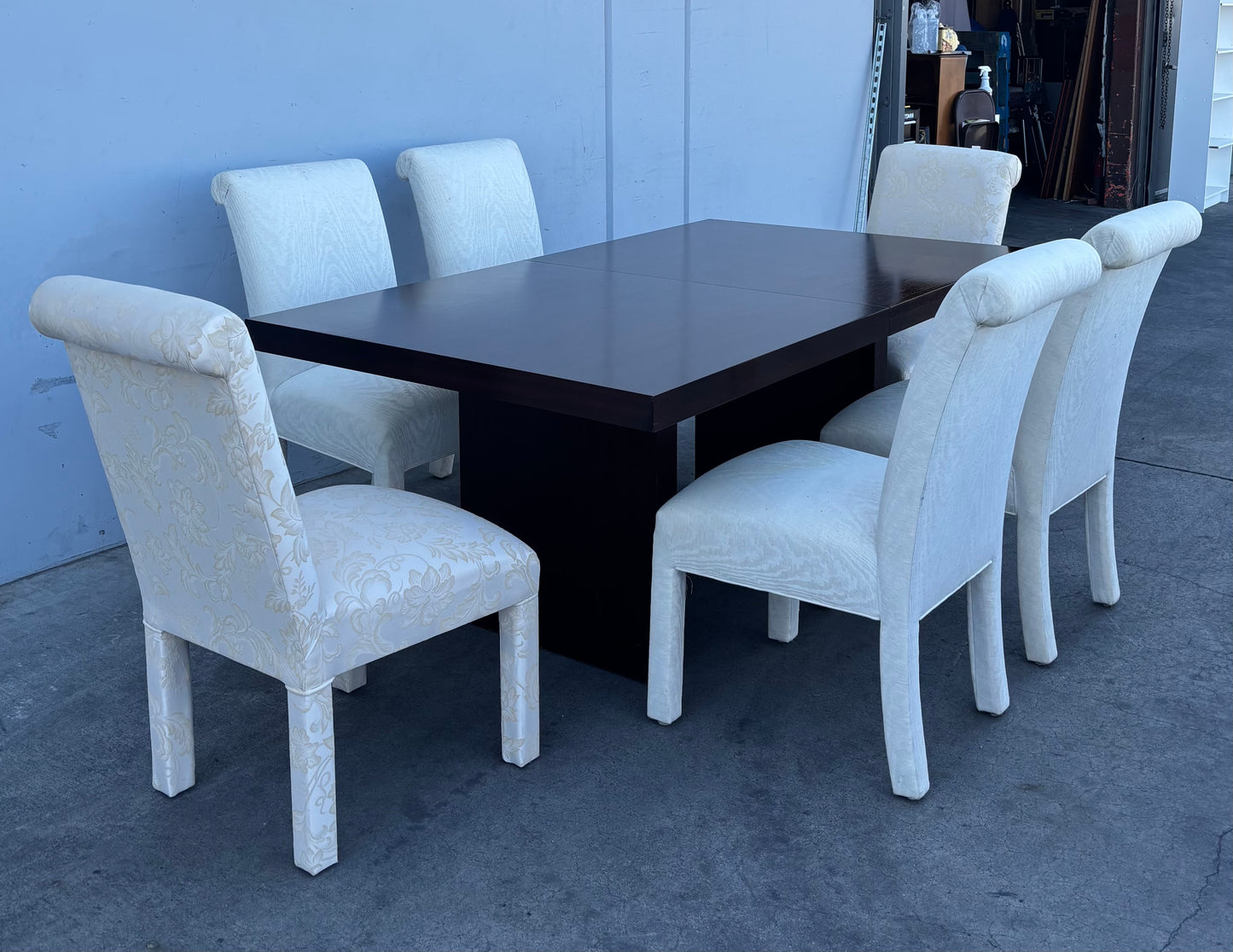 Dining set dark wood table with 6 white floral chairs and leaf