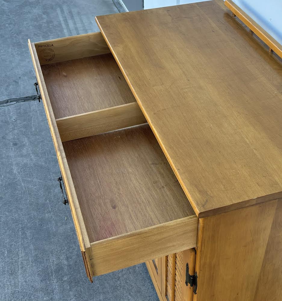 Priscilla Mid Century Vintage Nutmeg Maple Cabinet Louvered Shutter Doors