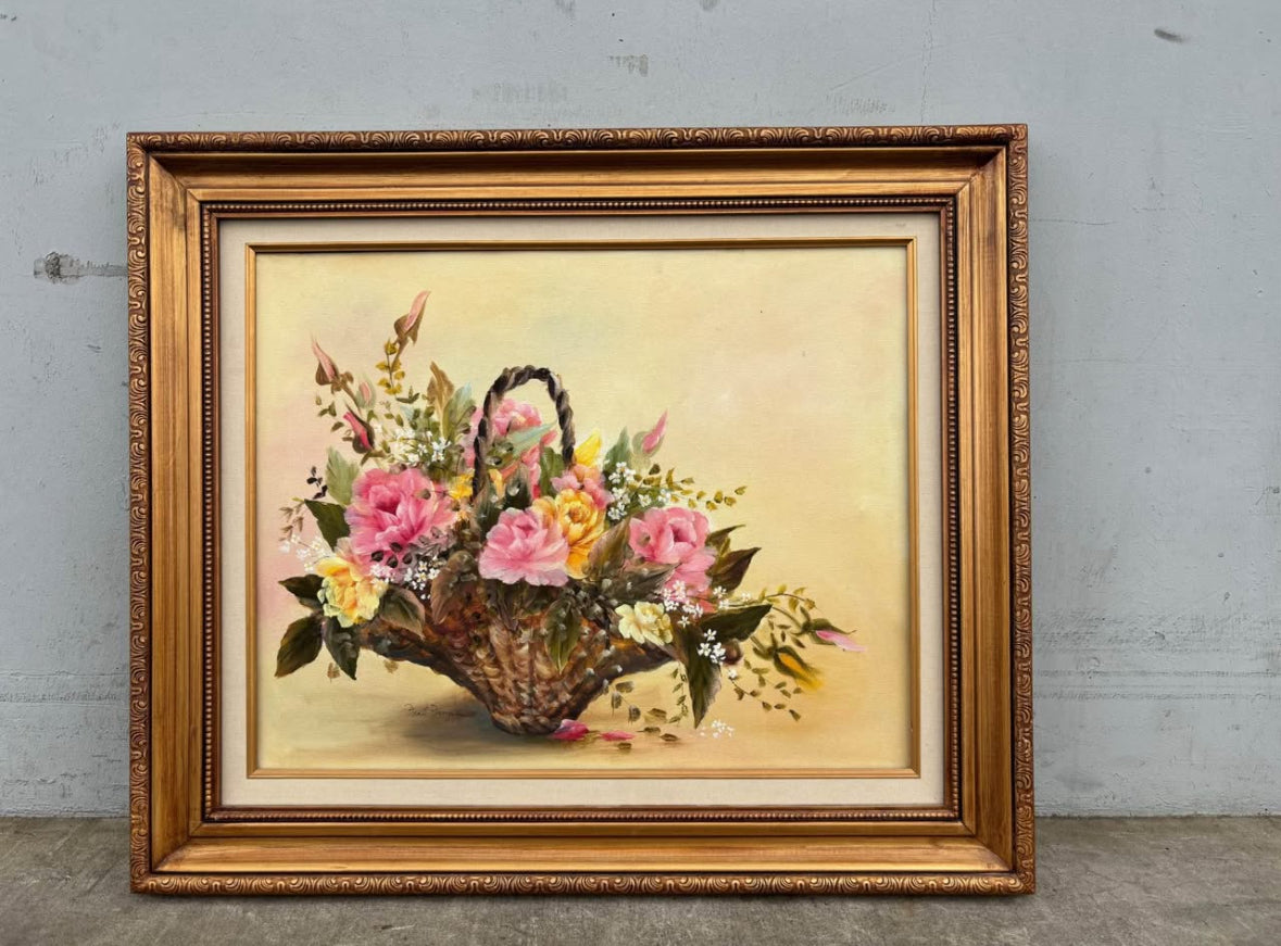 Vintage Oil Painting Basket of Flowers Signed