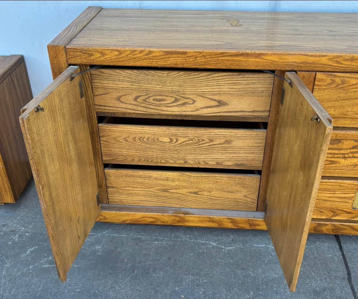 Vintage Cane & Oak Dresser with side Table