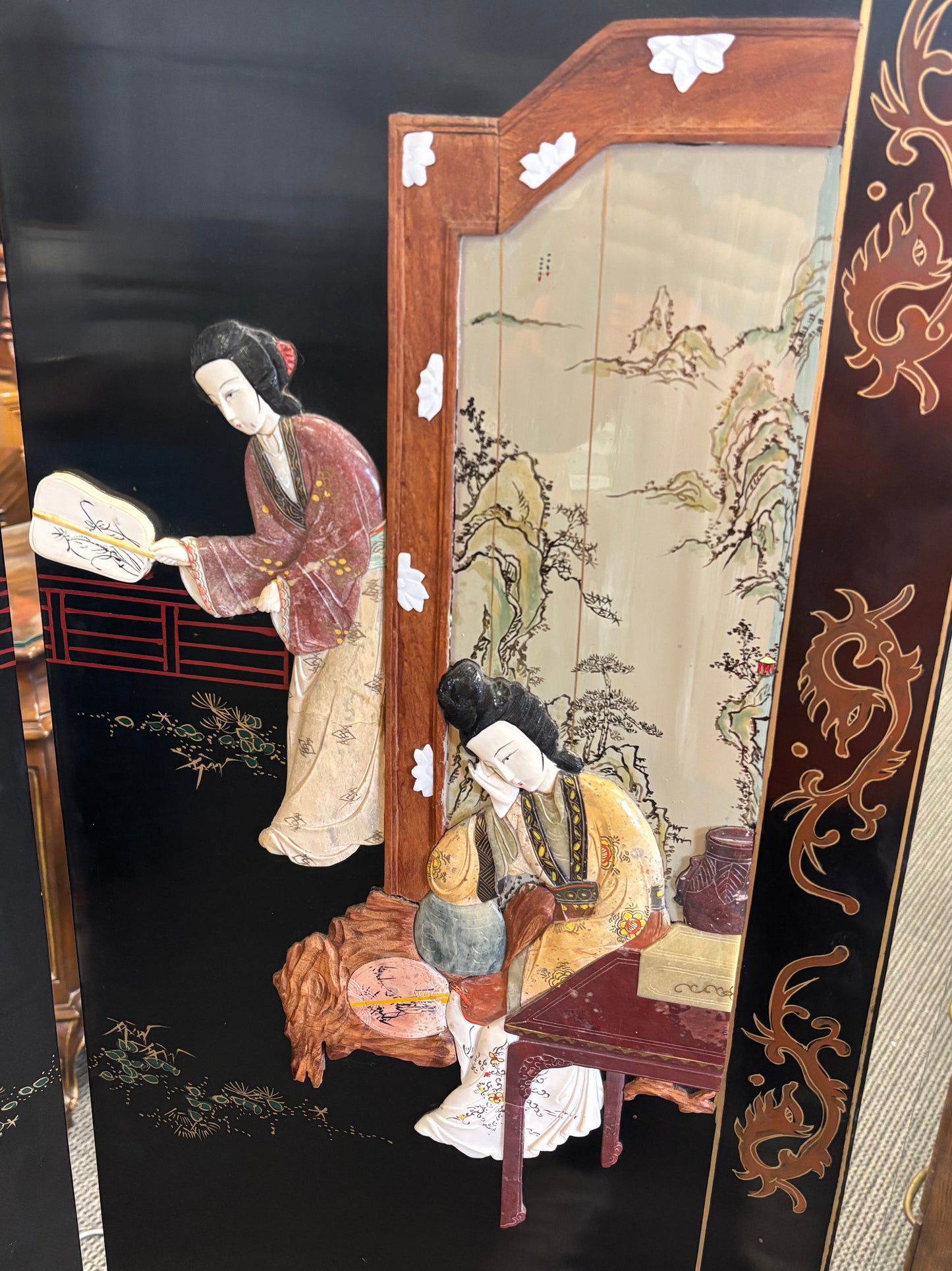 Asian/ Chinese style black room divider / coromandel screen