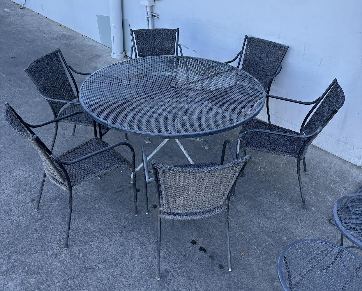 Black Metal Outdoor Round Table With 6 Chairs 2 Small Tables and 1 umbrella