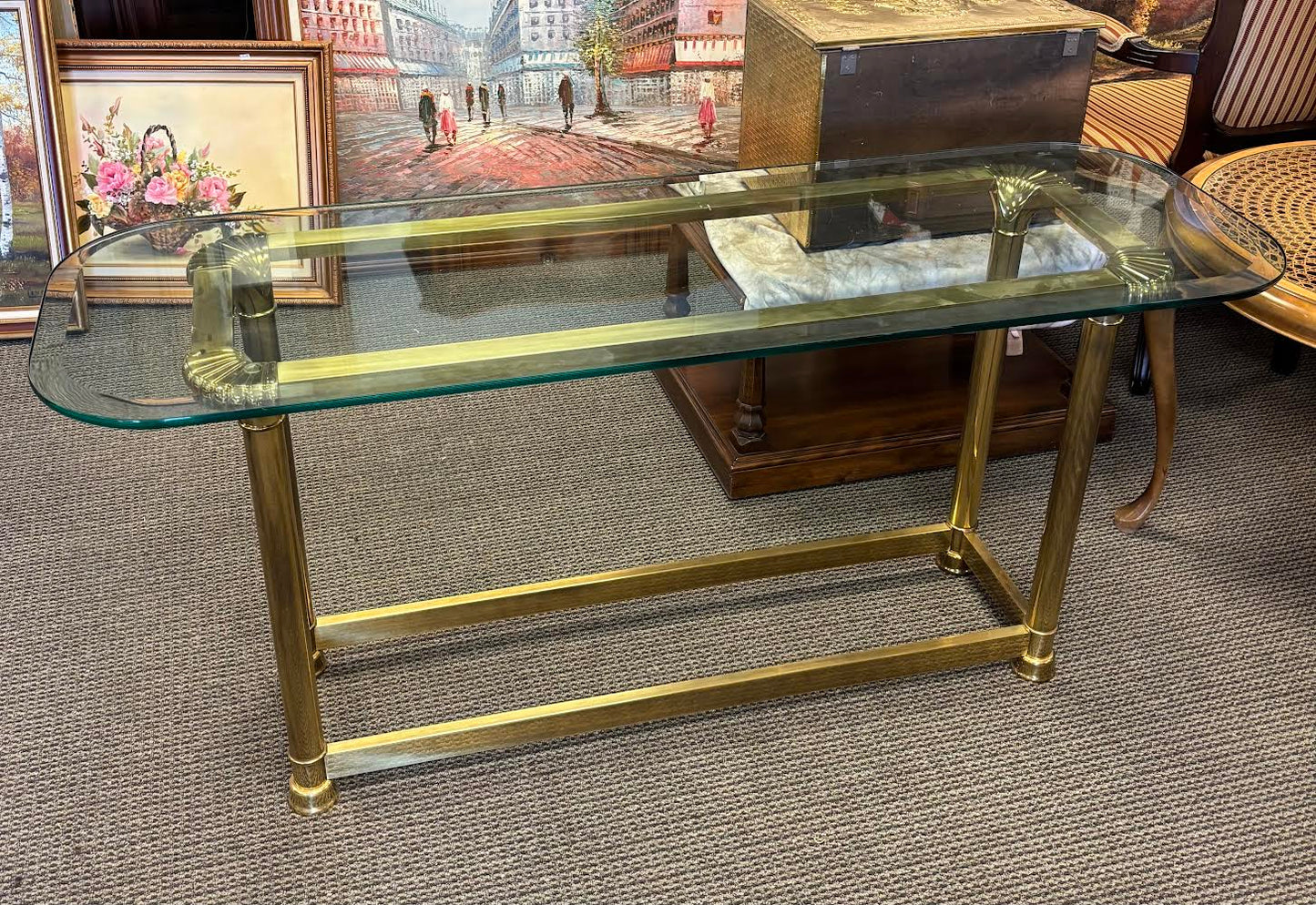 Vintage Mastercraft Style Brass & Glass Sofa Table