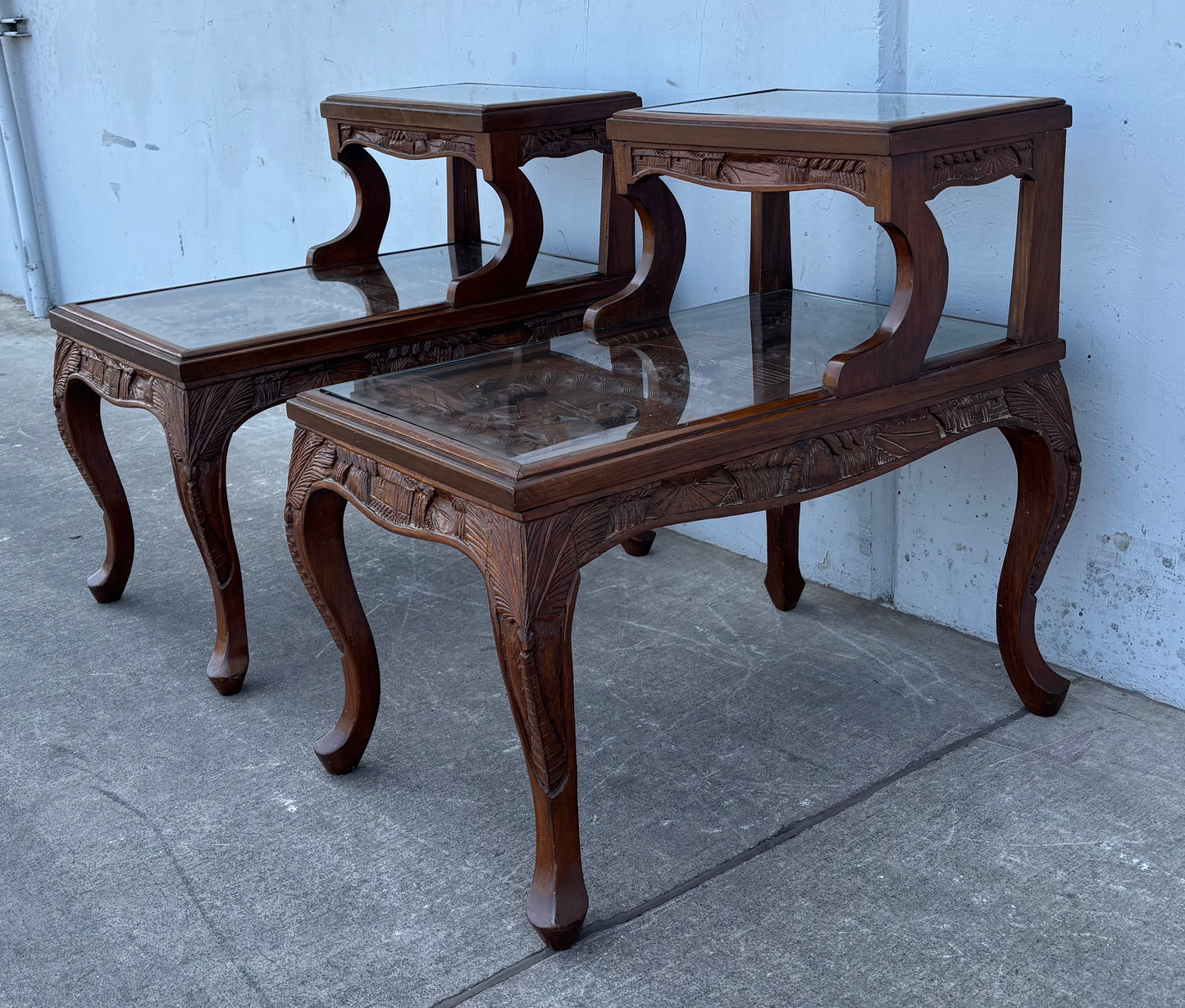 Matching Vintage Asian Carved Wooden Side Tables End Tables