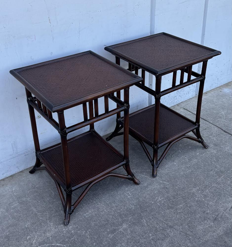 Matching Vintage Coastal Dark Brown Rattan & Cane Two-Tier End Tables