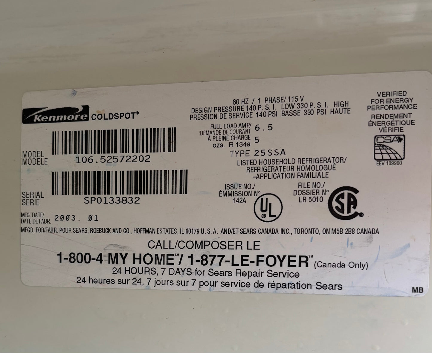 Kenmore white side by side refrigerator