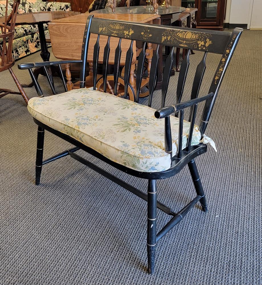 vintage settee Nichols & stone co. Black Hitchcock style bench floral cushion Stenciled Windsor