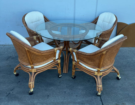 Dining set round glass table with 4 chairs on wheels and table cover rattan bamboo style