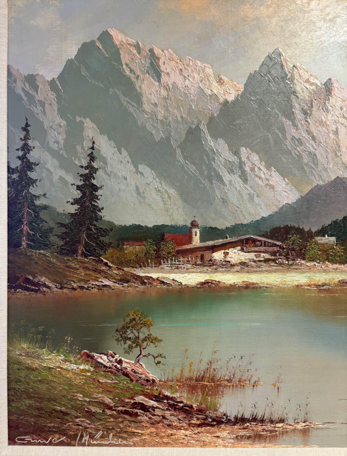 Mountains Landscape with River signed Oil Painting