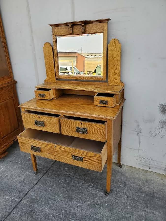 antique/vintage hallway table with drawers and mirror on wheels light wood